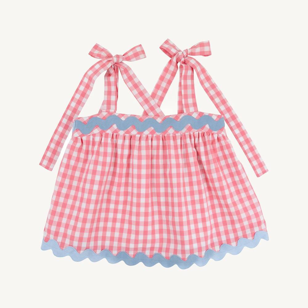 NEW THE BEAUFORT BONNET COMPANY girls' tyler tie top in parrot cay coral check/b